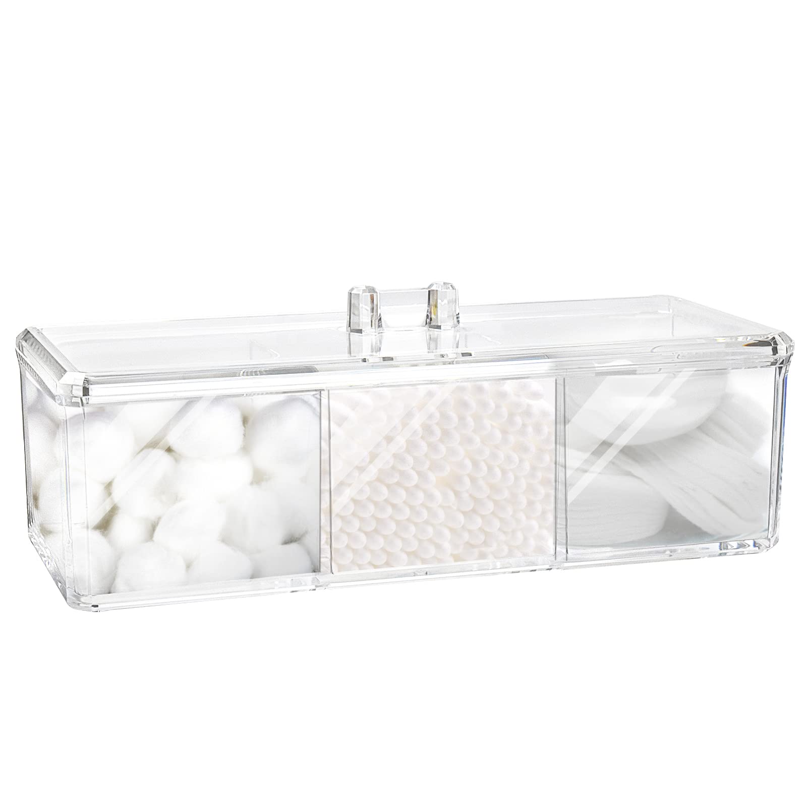 Clear Acrylic Qtip Holder | 3-Compartment Bathroom Organizer