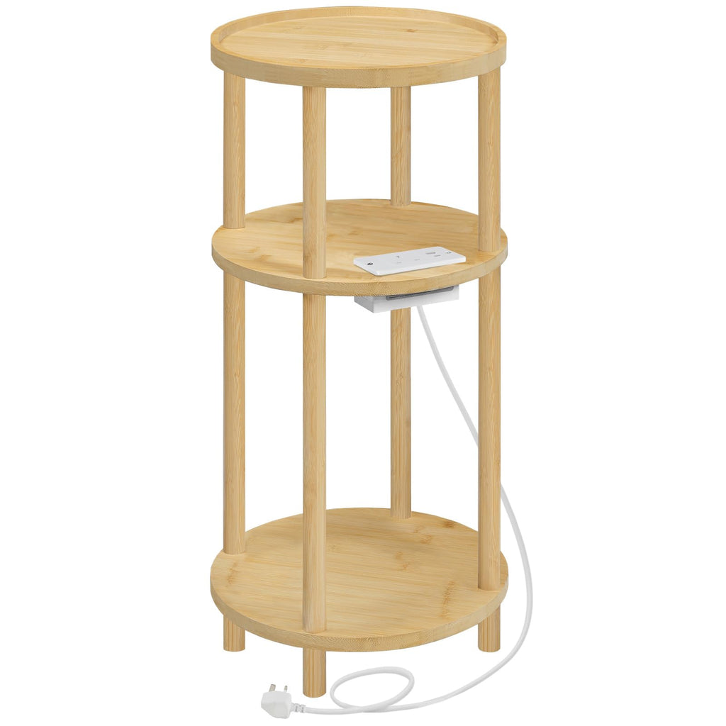 HOOBRO Round Side Table with Charging Station, 3-Tier Bamboo Small Sofa Table, Small Table Bedside Table with 1 AC, 1USB Port, 1 Type-C