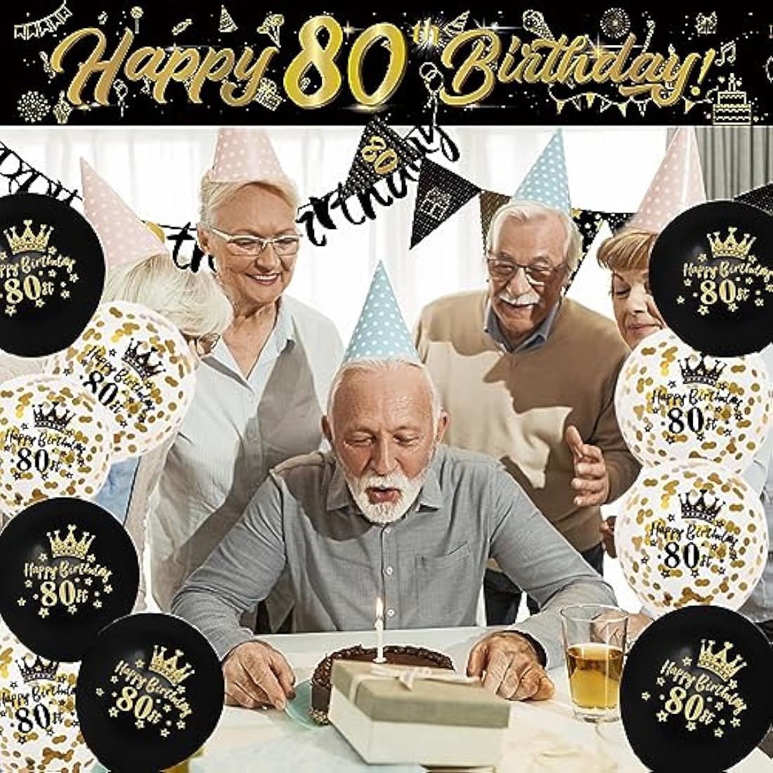 80th Birthday Decorations Kit - 14pc Gold & Black Party Set