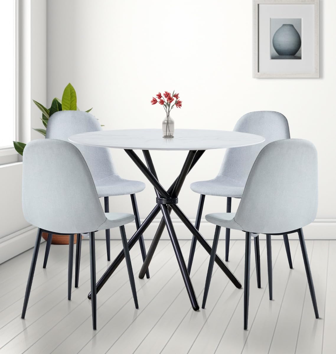 Hallowood Cullompton Round Marble Effect Dining Table and 4 Grey Chairs