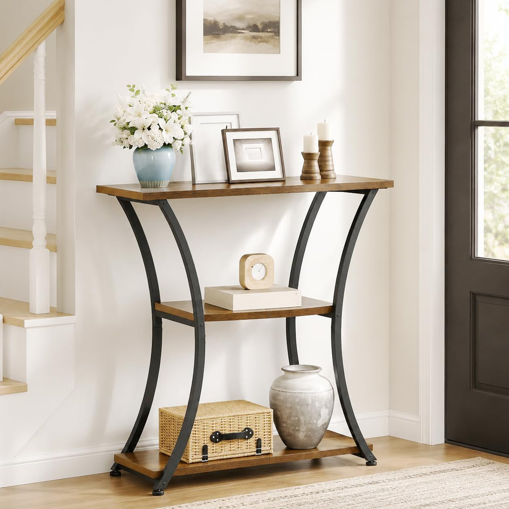 Trironsun Rustic Narrow Console Table with 3 Tiers, Slim Hallway Table with Curved Metal Frame and Open Shelves - image 1