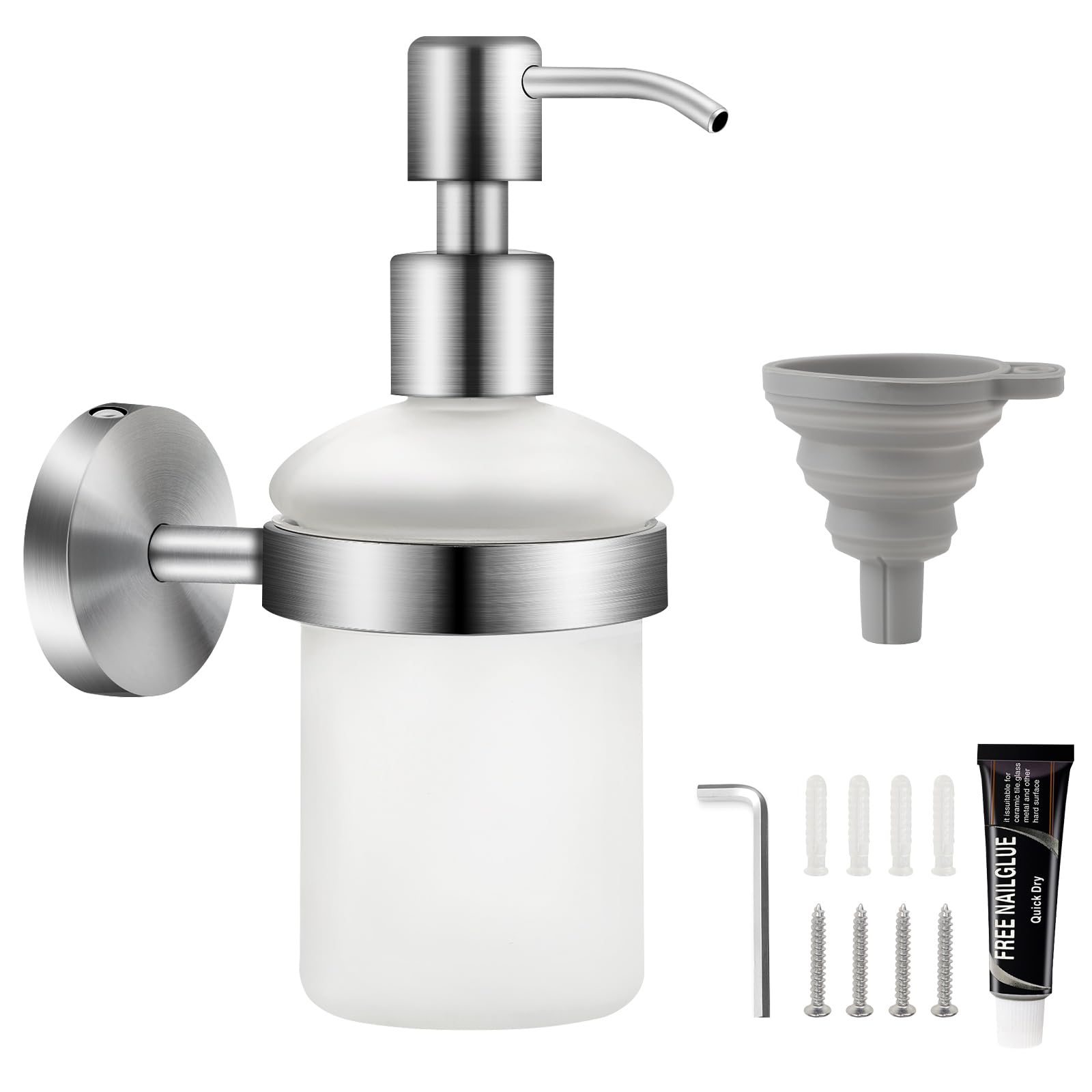 EXLECO Wall Mounted Soap Dispenser - 200ml Stainless Steel & Satin Glass