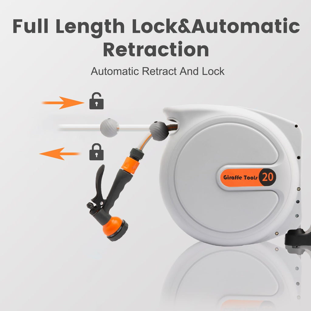 Giraffe Tools Wall Mounted Retractable Garden Hose Reel - 20m + 2m