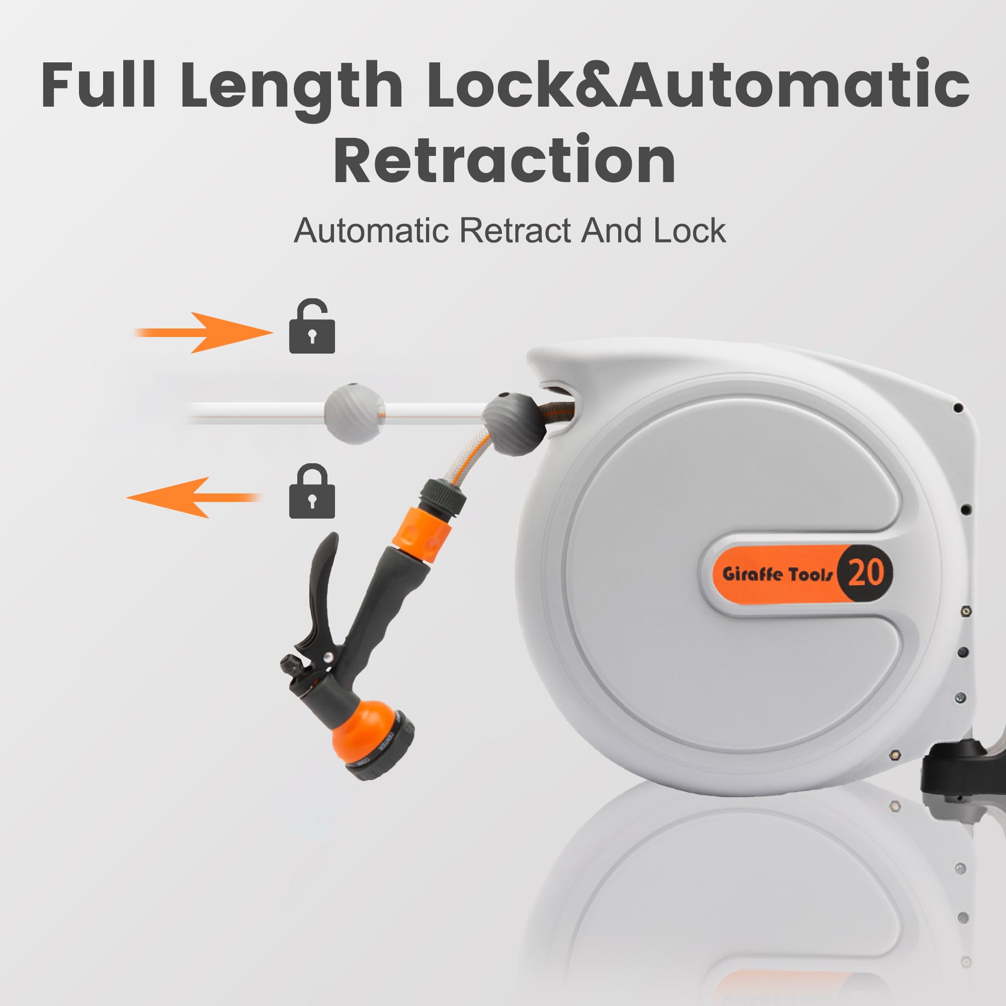 Giraffe Tools Wall Mounted Retractable Garden Hose Reel - 20m + 2m