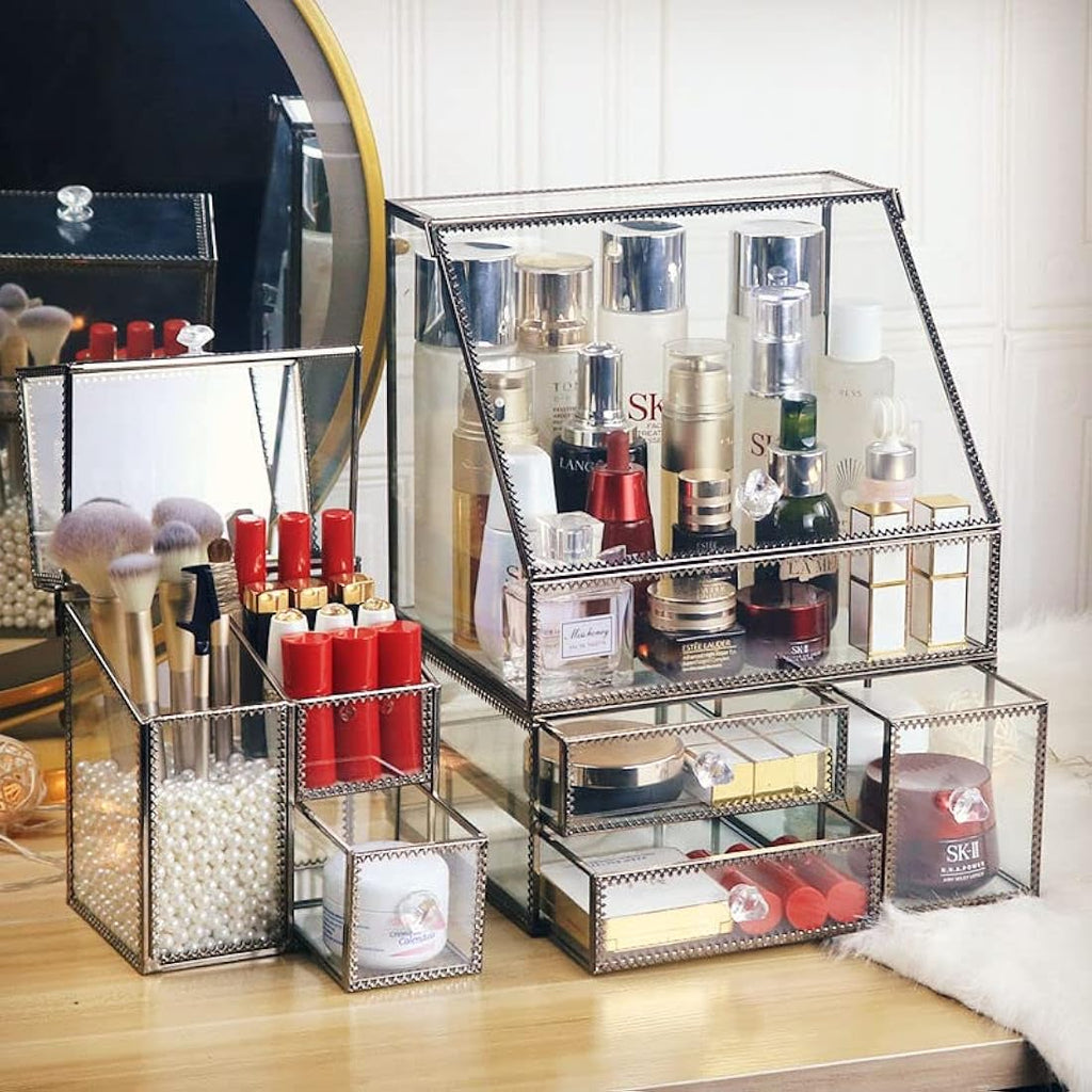 Hersoo Glass Makeup Organizer – Antique Brass Stackable Cosmetic Storage