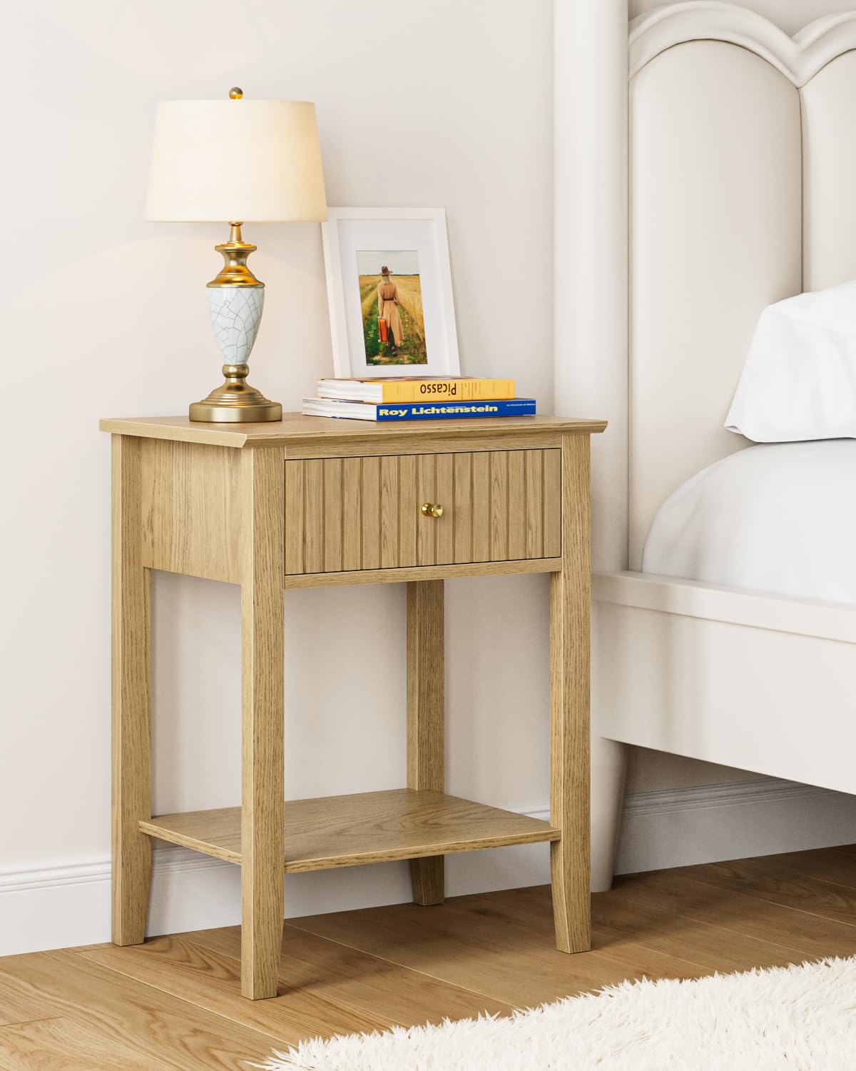 HEYZOEY Wooden Bedside Table - 1 Drawer Modern Nightstand in Honey Oak
