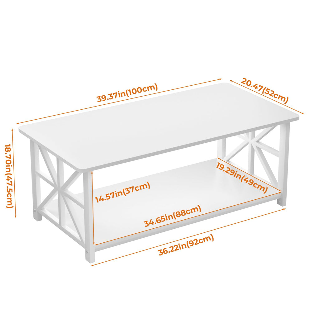 GreenForest 2-Tier Coffee Table – 100cm X-Frame Center Table, White