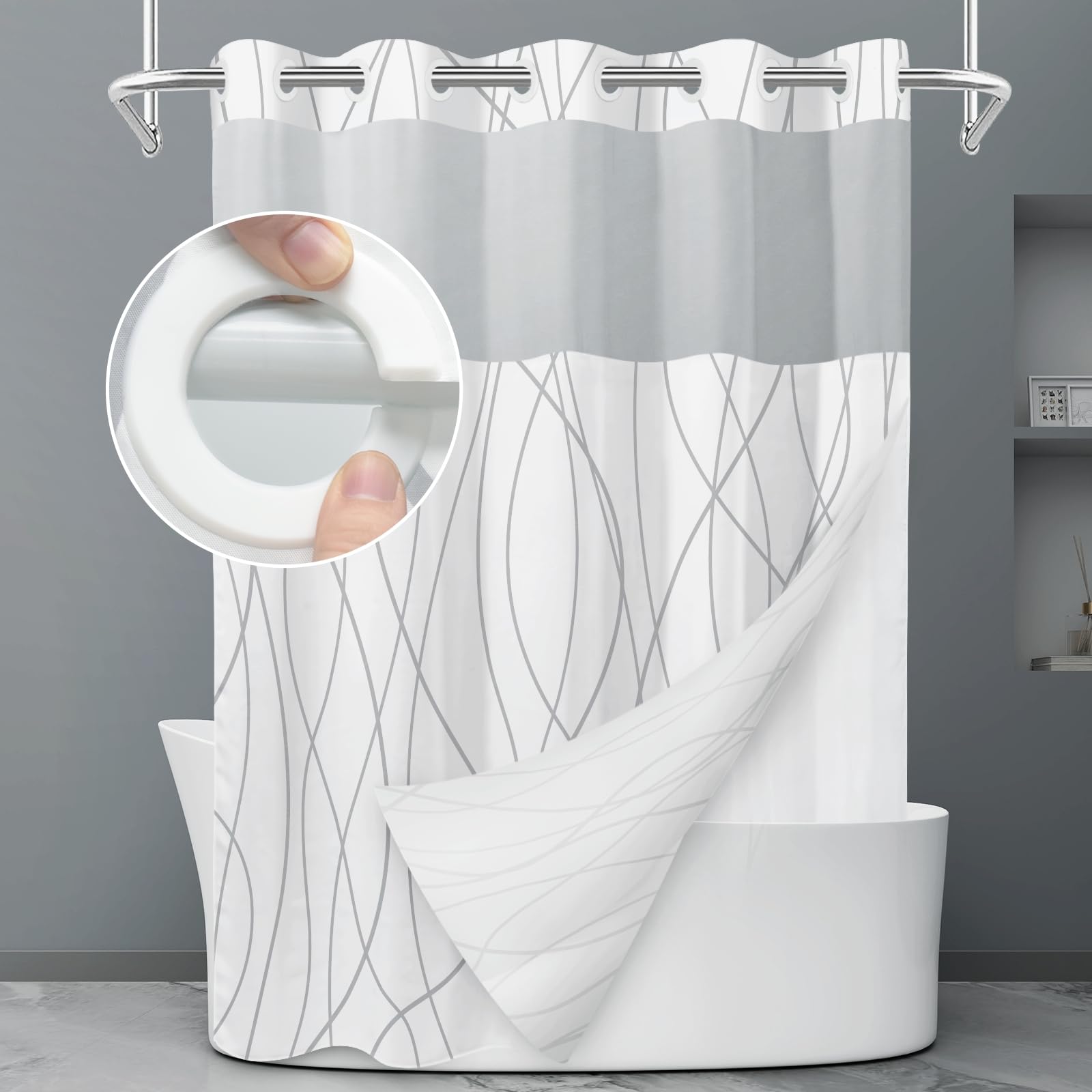 LXBNI Hookless Shower Curtain with Snap-In Liner | Grey Striped Mesh Top