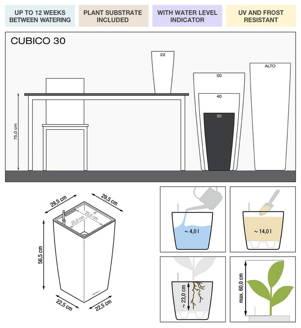 Lechuza Cubico 30 Self-Watering Planter | Charcoal Metallic Plastic