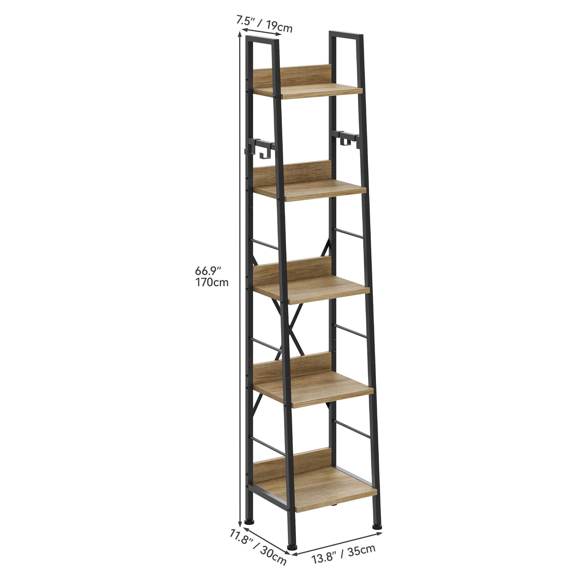 YITAHOME 5-Tier Industrial Ladder Shelf – Narrow Wooden & Metal Bookcase