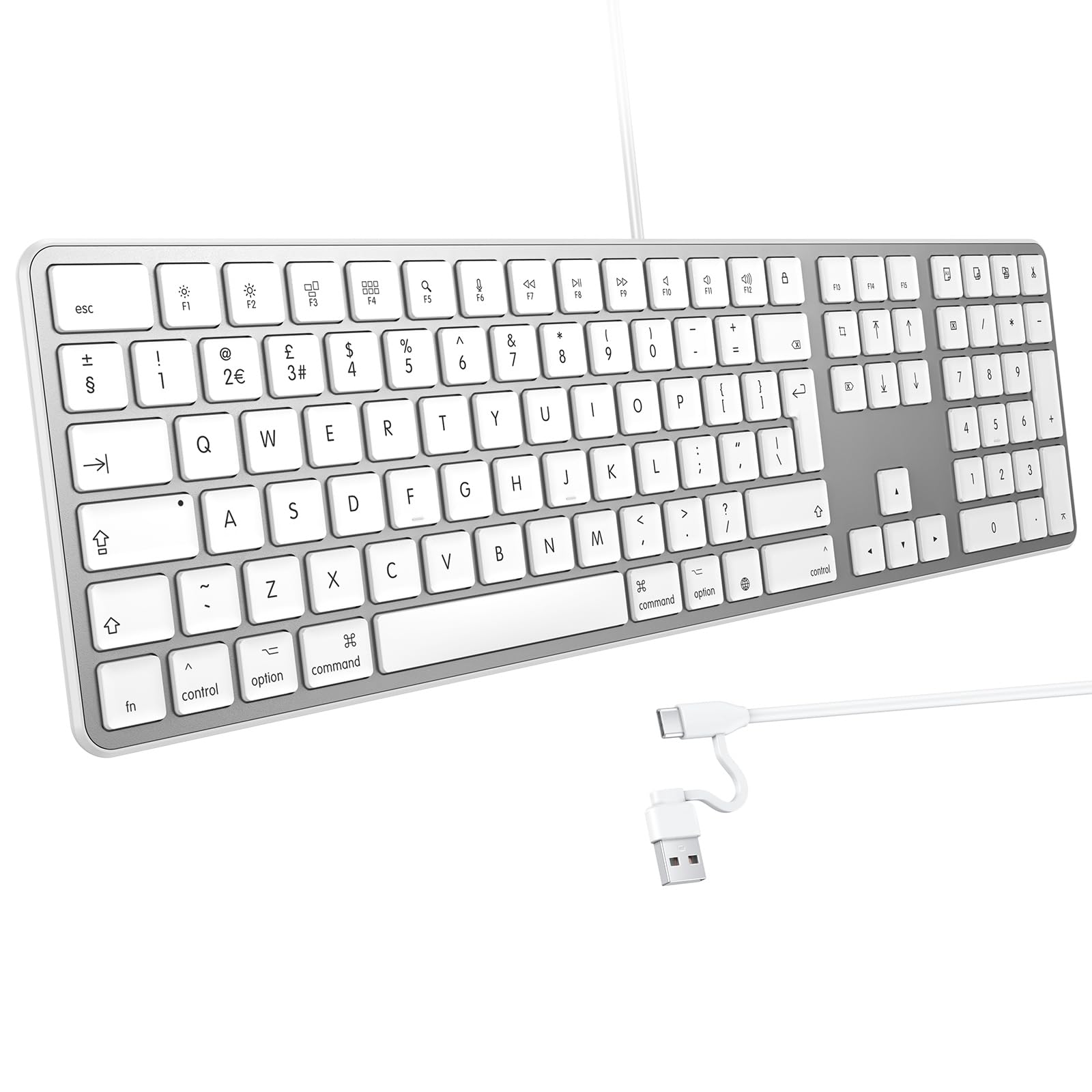 OMOTON Wired Mac Keyboard with Number Keypad – USB & Type-C, Silver