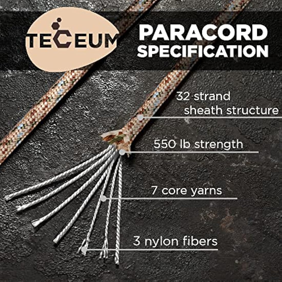 TECEUM 550lb Paracord – 4mm Nylon Tactical Rope for Survival and Camping