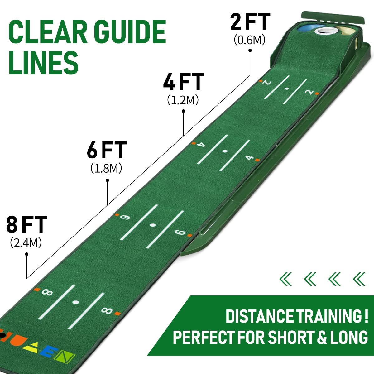 HUAEN Golf Putting Green Mat with 3 Holes and Auto Ball Return – 9.35ft