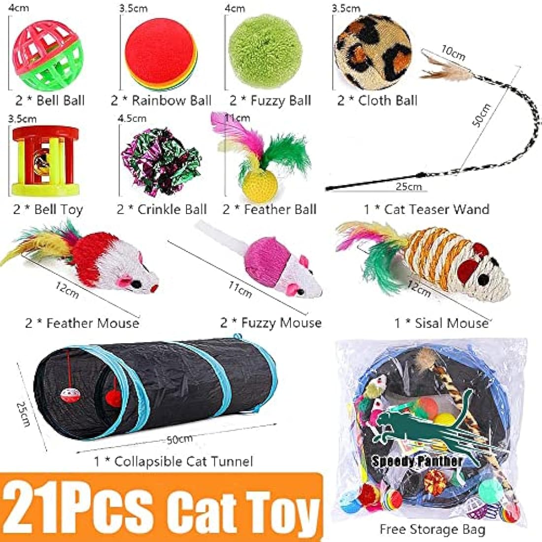 Speedy Panther 21 Pcs Cat Toy Set | Collapsible Tunnel & Feather Wand