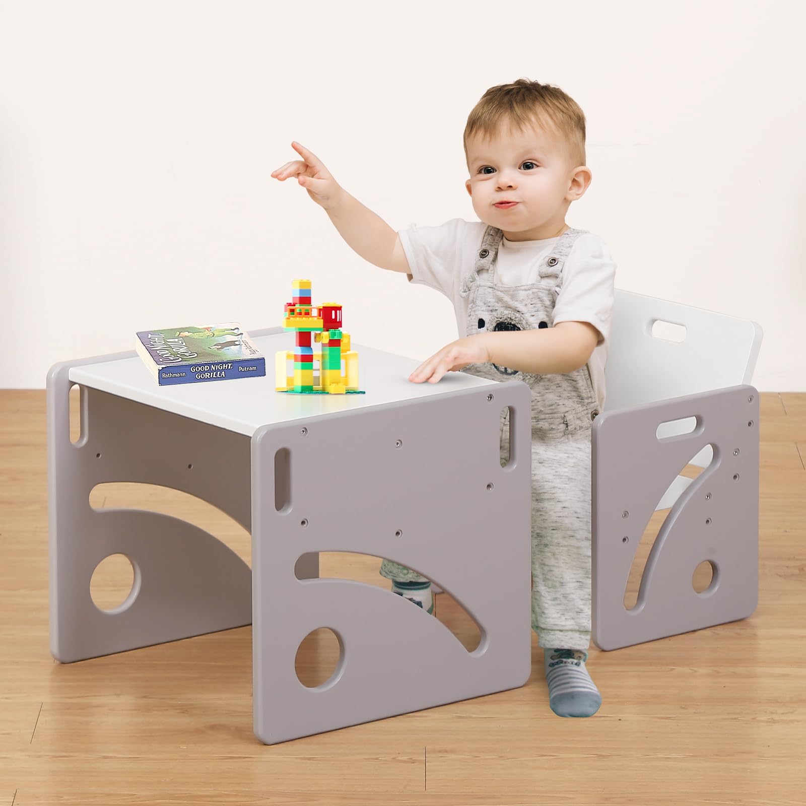 FUNLIO Montessori Weaning Table and Chair Set | Adjustable Pine Wood - Grey