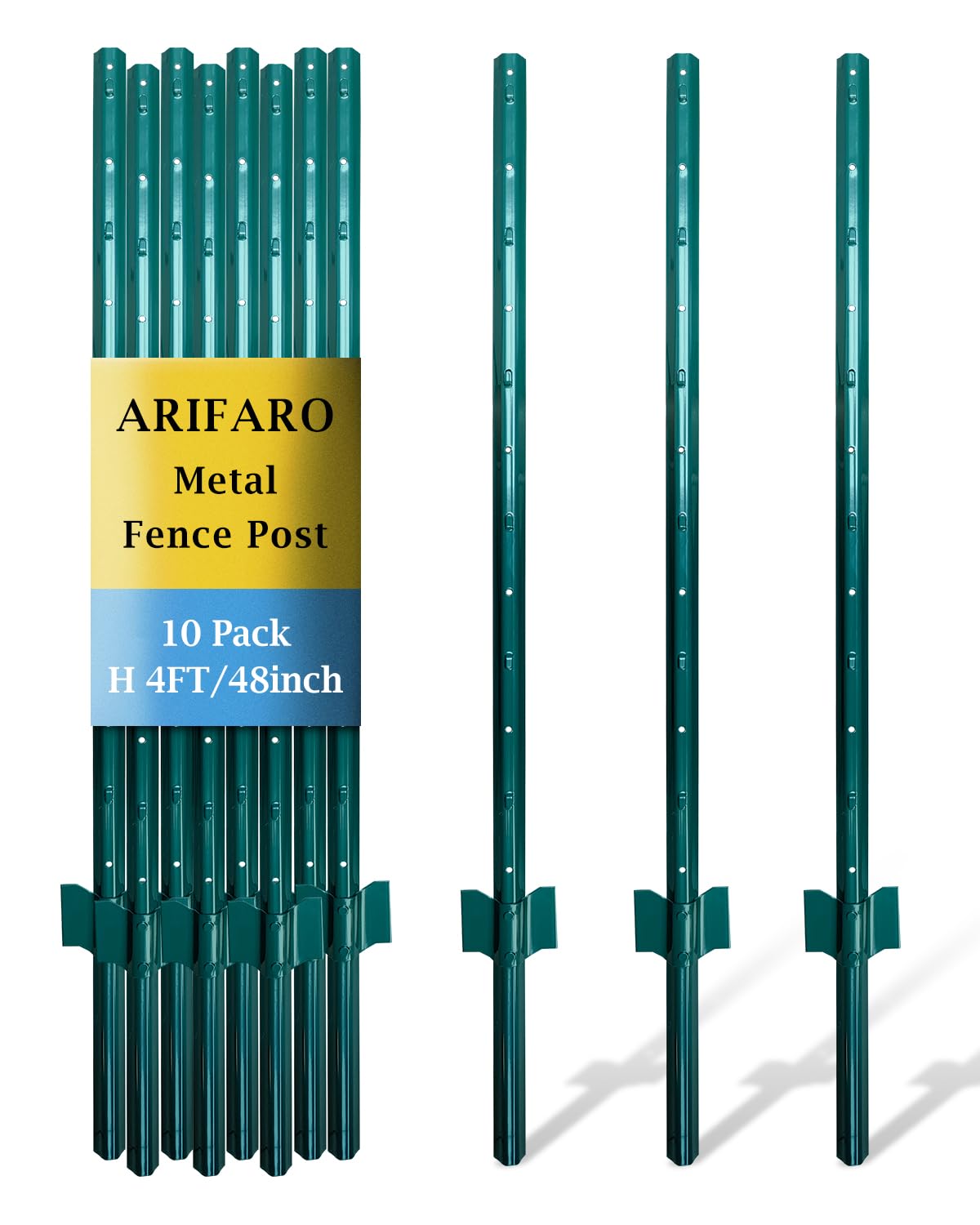 ARIFARO Metal Fence Posts 4ft | 10-Pack No-Dig Steel U Posts for Wire Fencing
