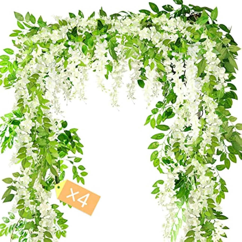 MOTONG 4Pcs White Artificial Wisteria Vines | 8ft Silk Flower Garlands