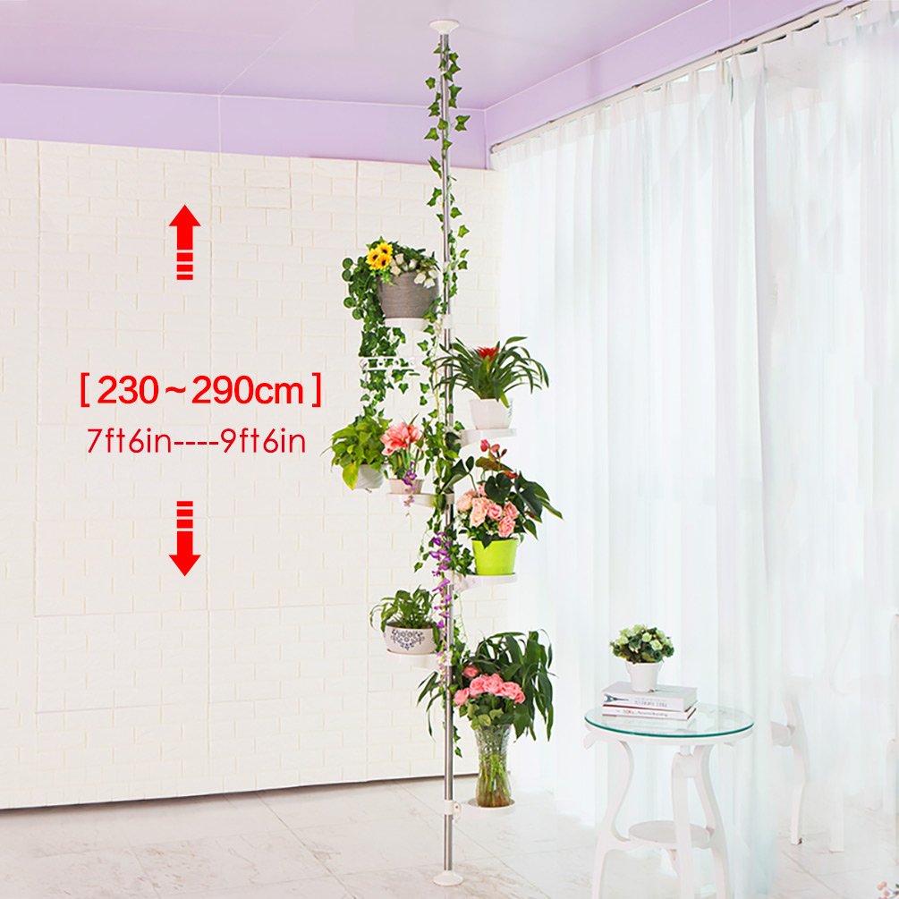 BAOYOUNI Tension Pole Plant Stand – 7-Tier Adjustable Metal Flower Rack