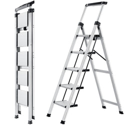 XinSunho 5 Step Aluminum Folding Ladder with Tool Tray | 330lbs