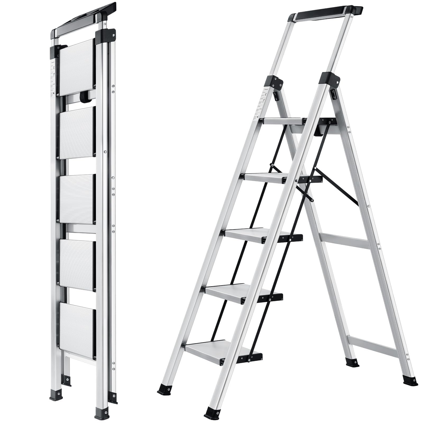 XinSunho 5 Step Aluminum Folding Ladder with Tool Tray | 330lbs