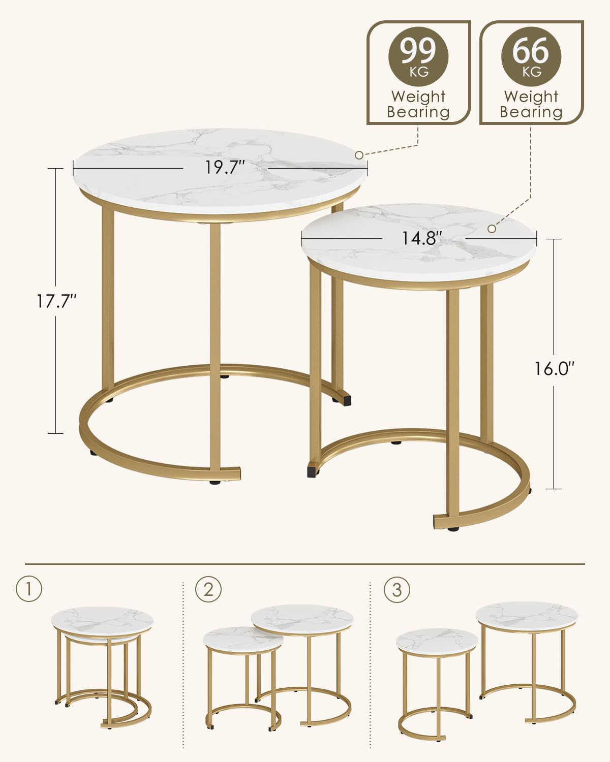 HEYZOEY Round Coffee Tables, Removable Set of 2 End Table, Nesting Table, Side Table with Gold Metal Frame Legs and Marble White Top for Living Room - image 3