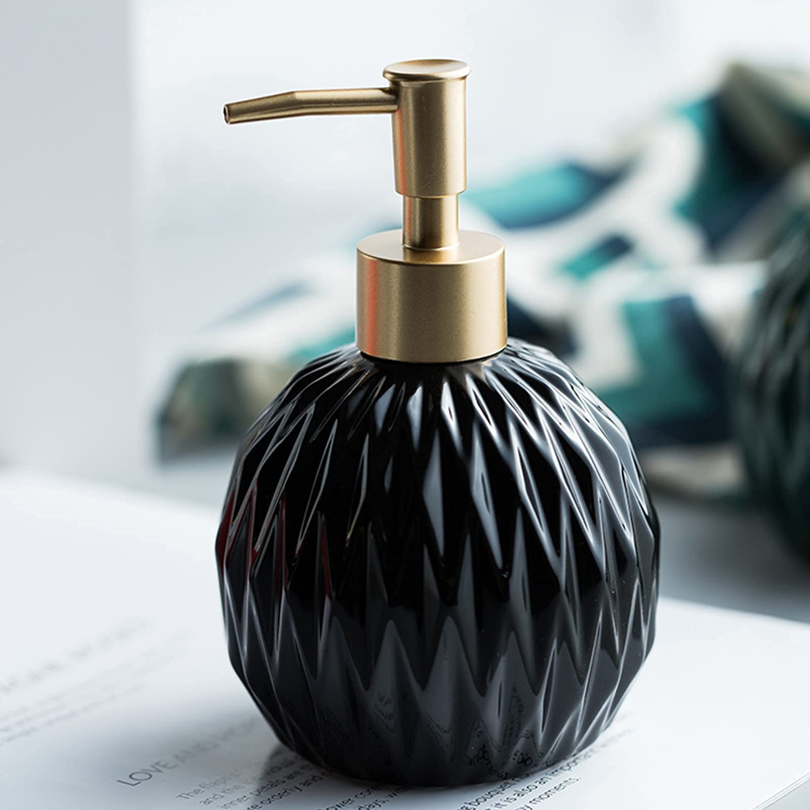 Jolof Store Ceramic Soap Dispenser – 400ml Black Rhombus Bottle with Gold Pump