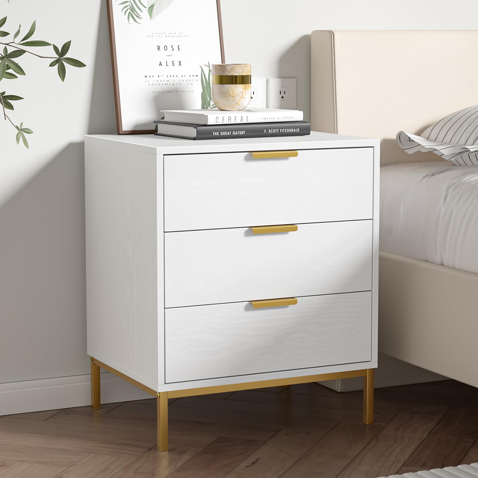 Skokliz White Bedside Table - 3 Drawer Wood Nightstand for Small Spaces