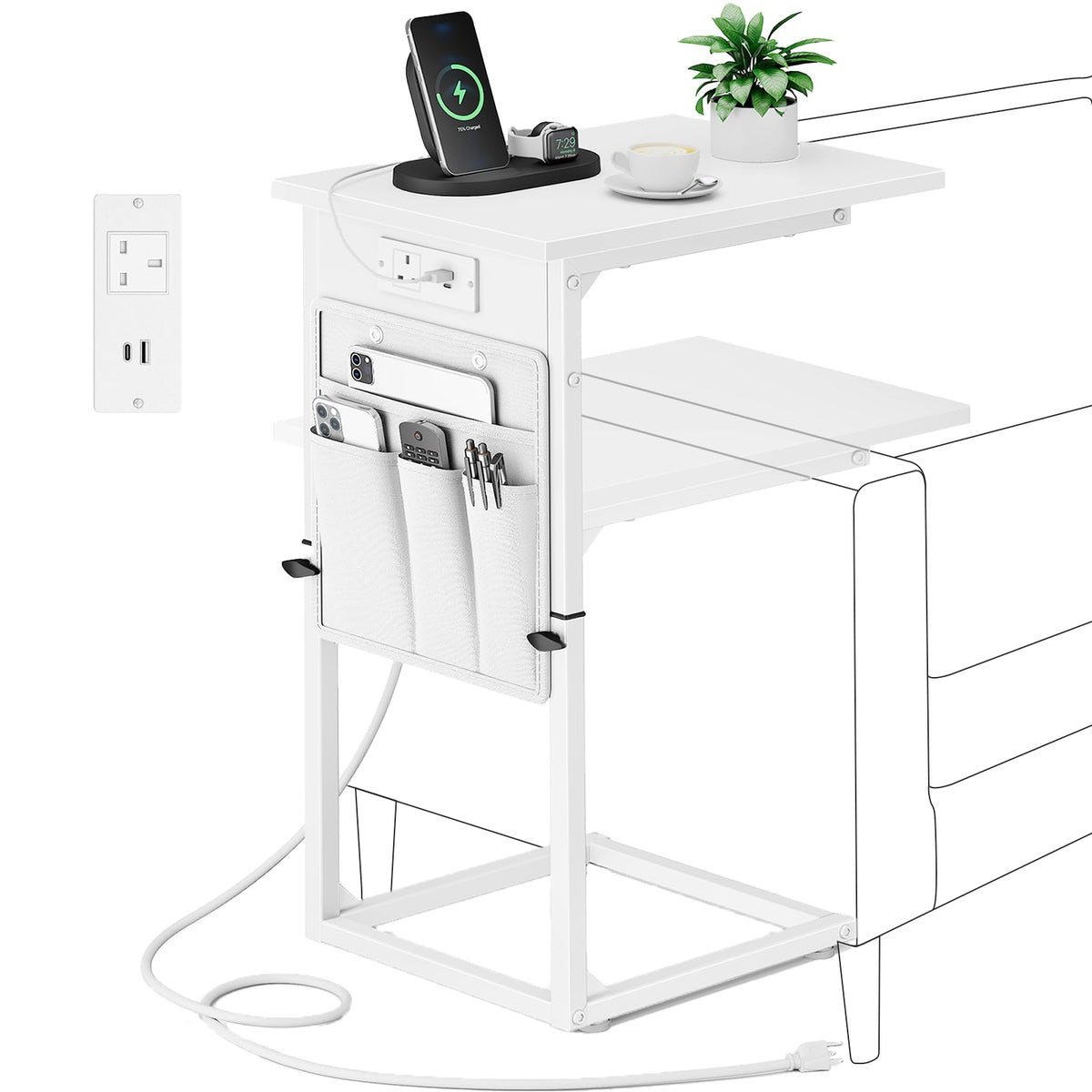 Vagusicc C-Shaped Side Table with Charging Station, Height Adjustable Sofa Side Table, Bedside Table, End Table for Small Spaces - image 1