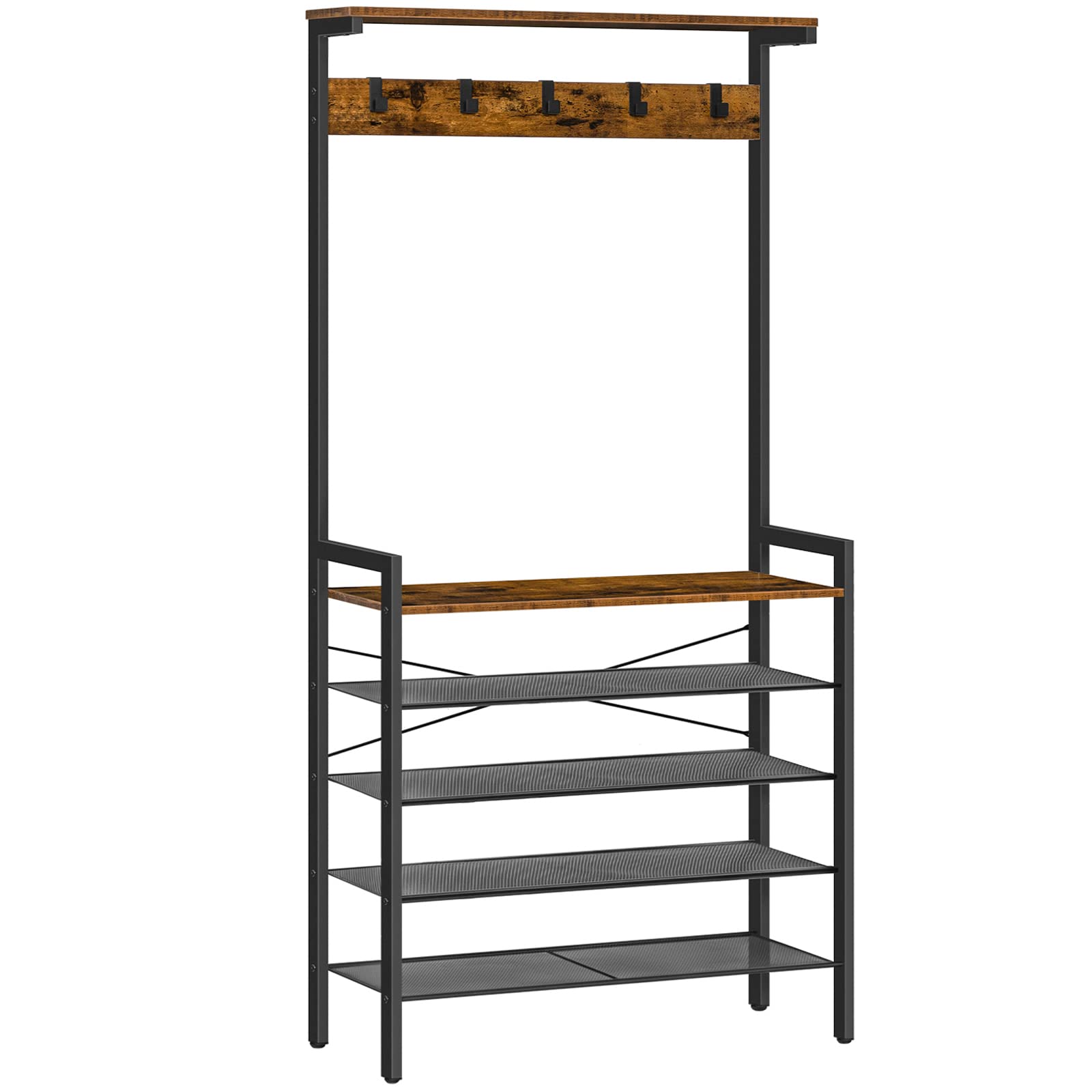 HOOBRO Industrial Hall Tree – Coat Rack with Shoe Storage and 5 Hooks