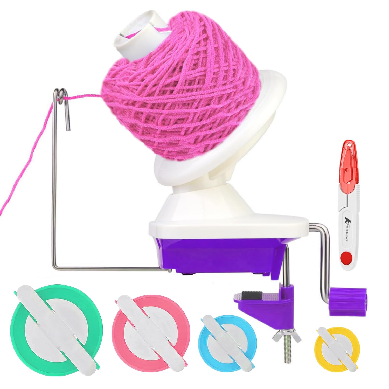 KNEWMART Yarn Ball Winder with Metal Handle and 4 Size Pom Pom Makers