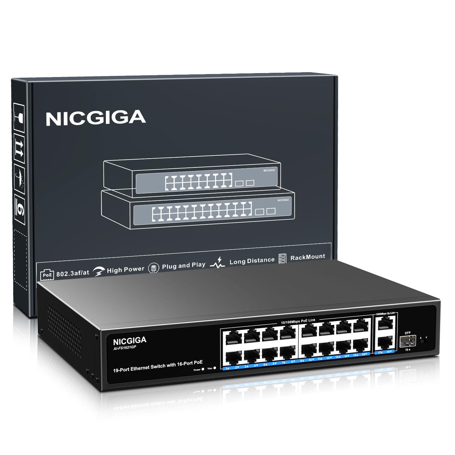NICGIGA 16 Port PoE+ Switch | 250W Unmanaged Rackmount Network Switch