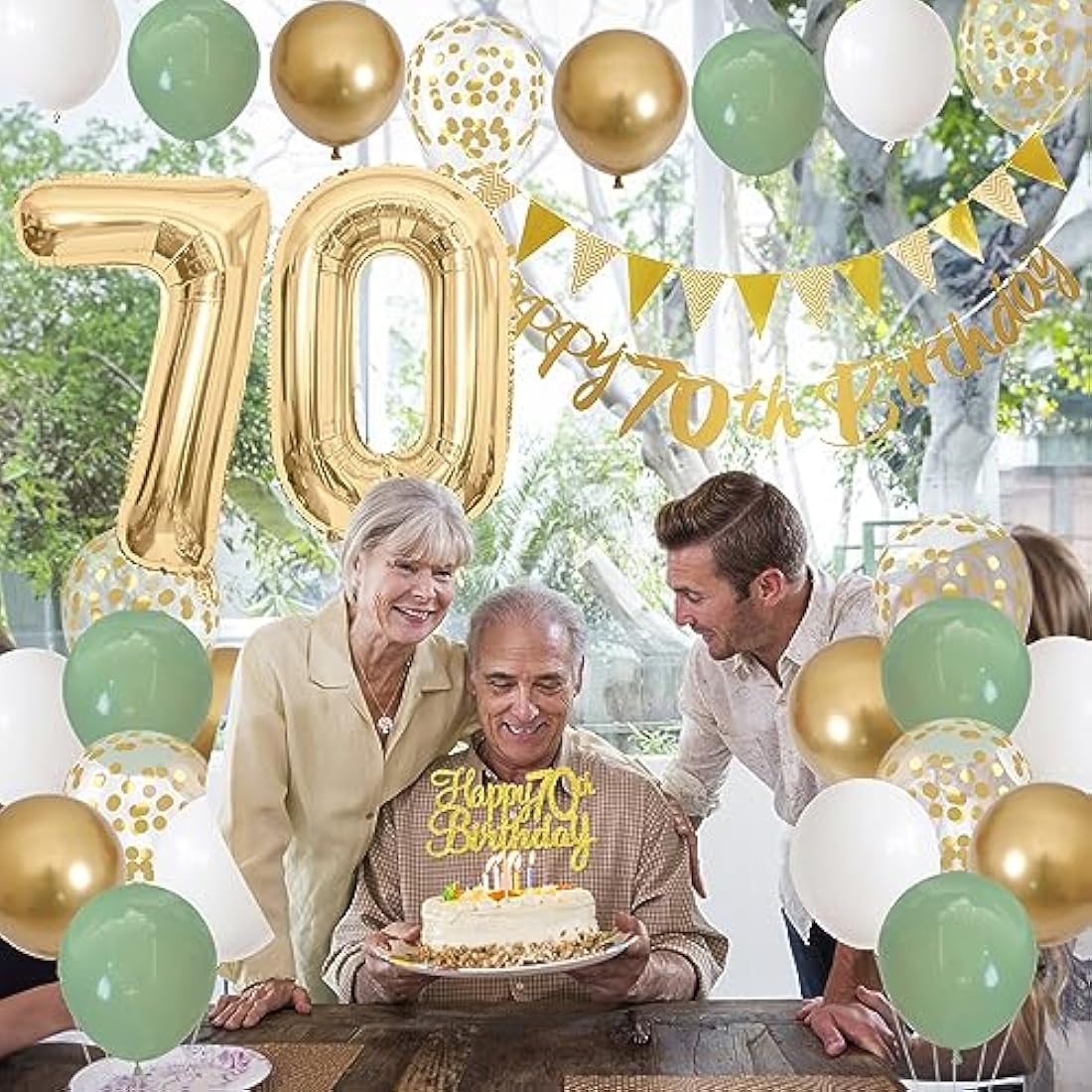 70th Birthday Decorations - Sage Green and Gold Balloon Kit