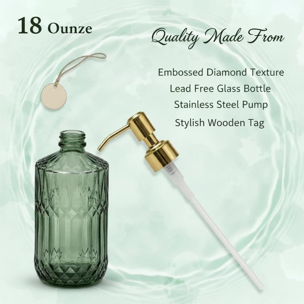 Gem Patterned Glass Soap Dispenser Bottle with Pump, 18Oz Refillable Liquid Hand Jar Dispenser for Bathroom, Countertop, Kitchen, Laundry Room Green - image 3