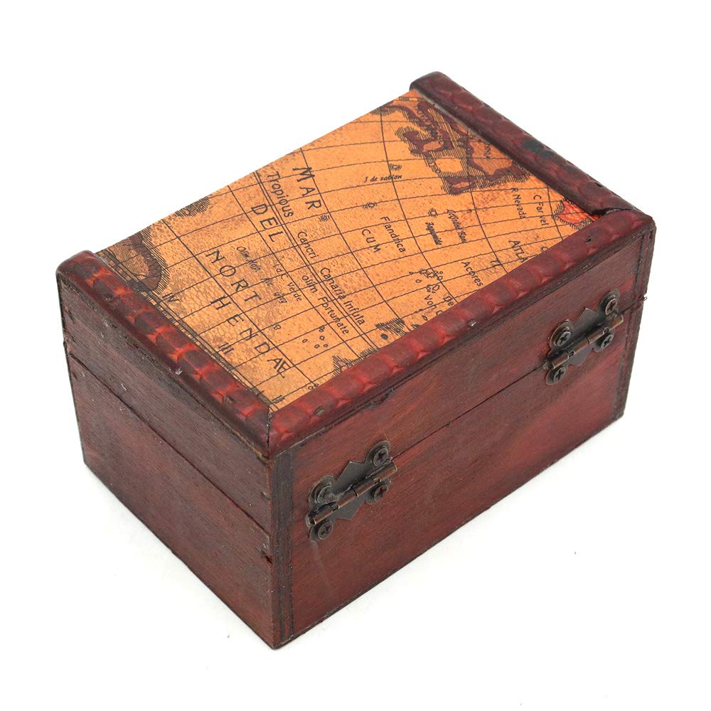 POFET Vintage Metal Lock Wooden Storage Box Jewelry Treasure Organizer Chest Case Gift Box - Map - image 3