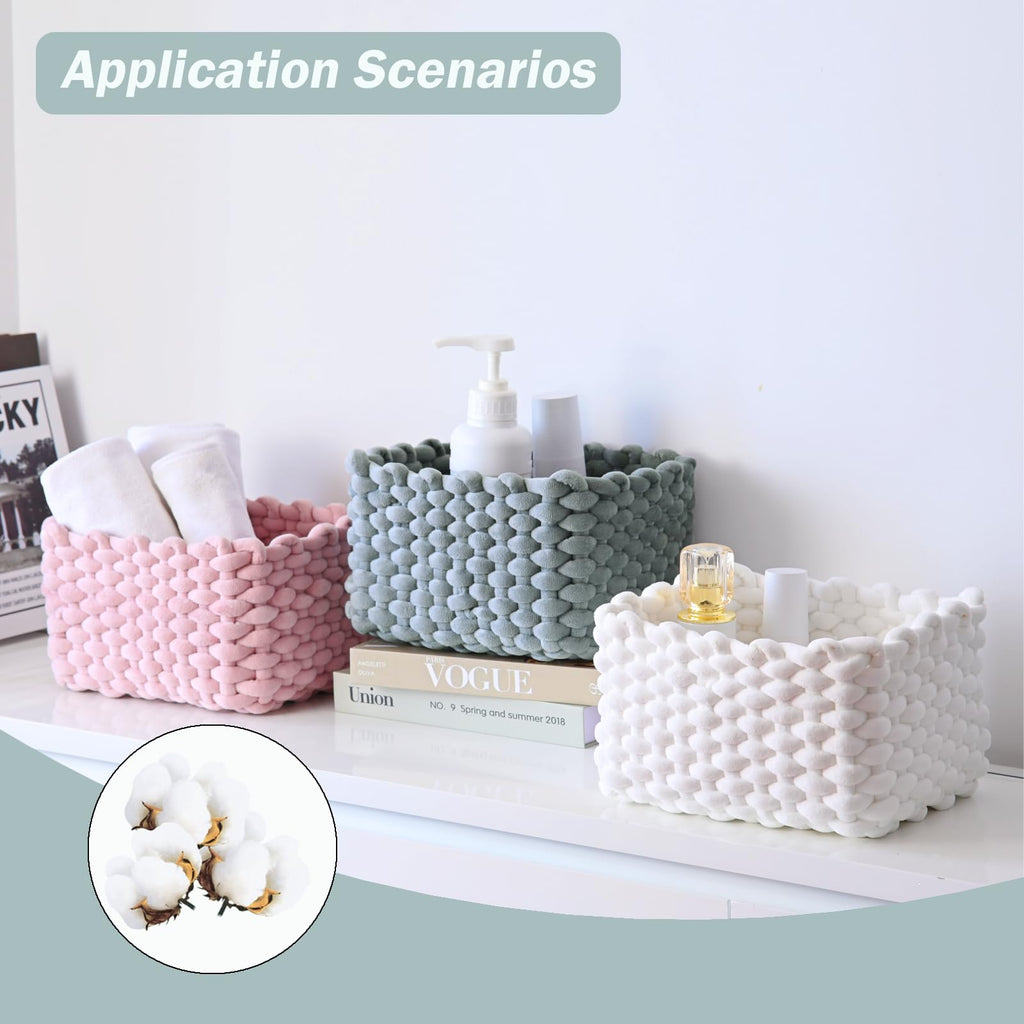 hand-knitted velvet rope storage basket set of 3 - soft cotton rope desktop cosmetics organizer box - nesting multi-functional storage basket