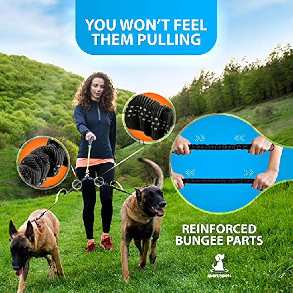 SparklyPets Double Dog Leash – Tangle-Free Bungee for 2 Dogs | Green