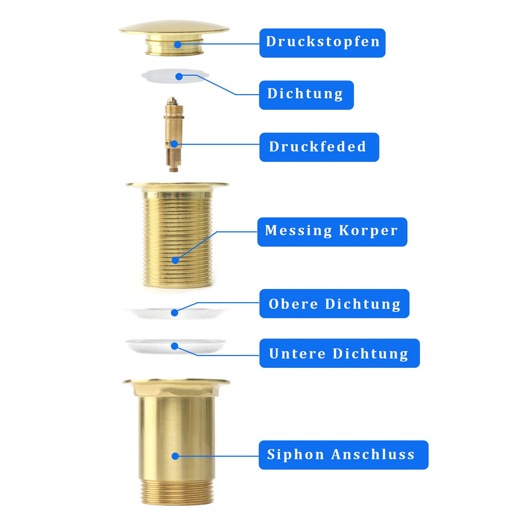 Universal drain fitting without overflow, pop-up drain plug made of solid brass for sink and washbasin, tool-free installation - image 3