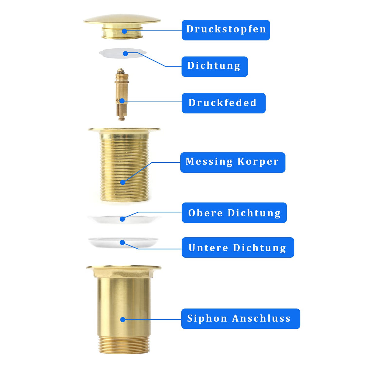 Universal drain fitting without overflow, pop-up drain plug made of solid brass for sink and washbasin, tool-free installation - image 3