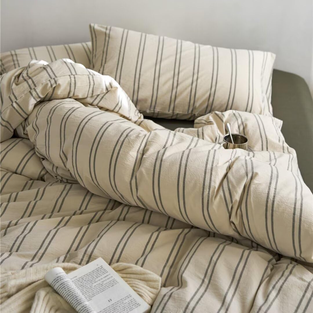 Ruccit King Beige & Green Striped Washed Cotton Duvet Cover Set - 3pc