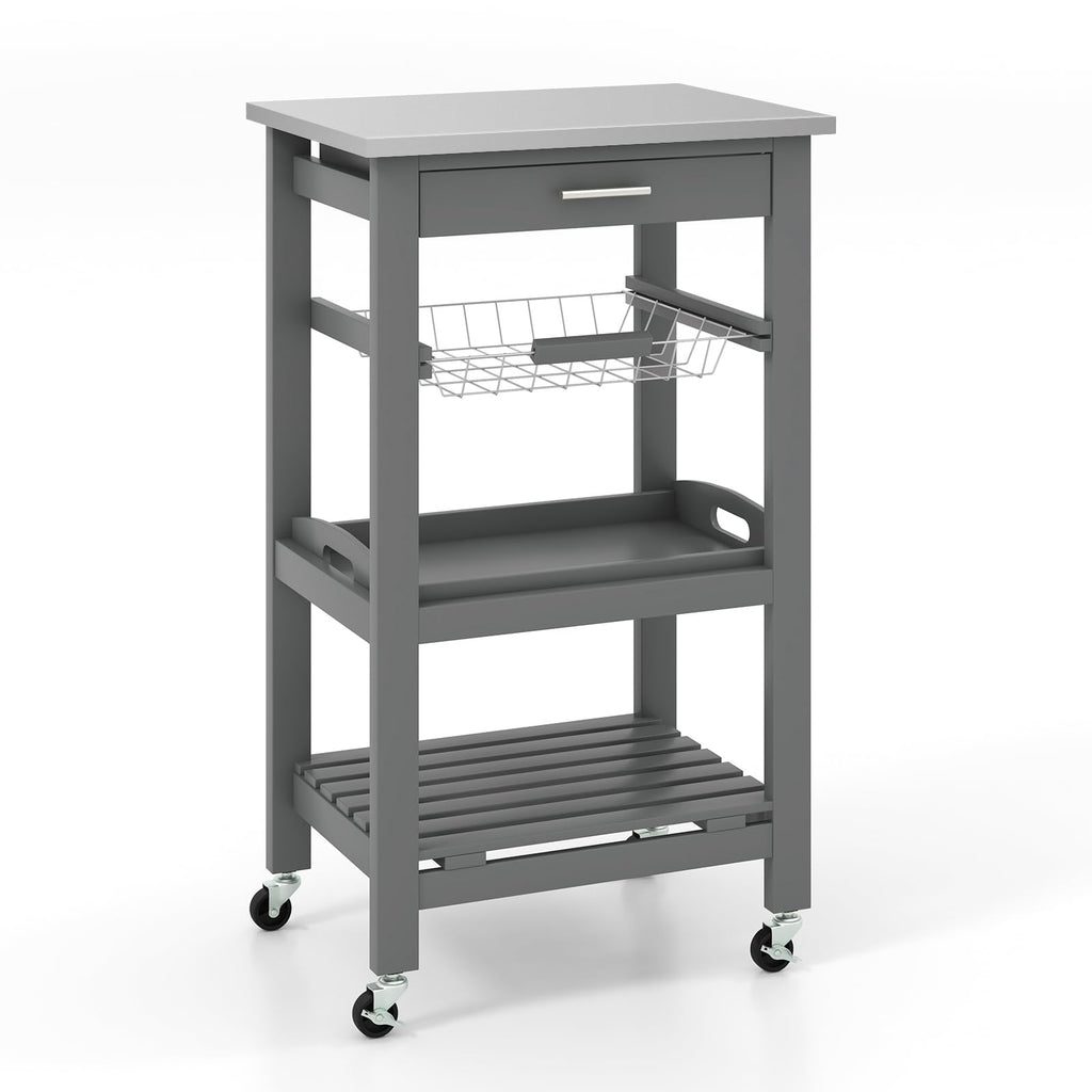 GiantexUK 4-Tier Kitchen Storage Trolley on Wheels, Rolling Storage Cart with Stainless Tabletop, Pull-out Drawer & Wire Basket