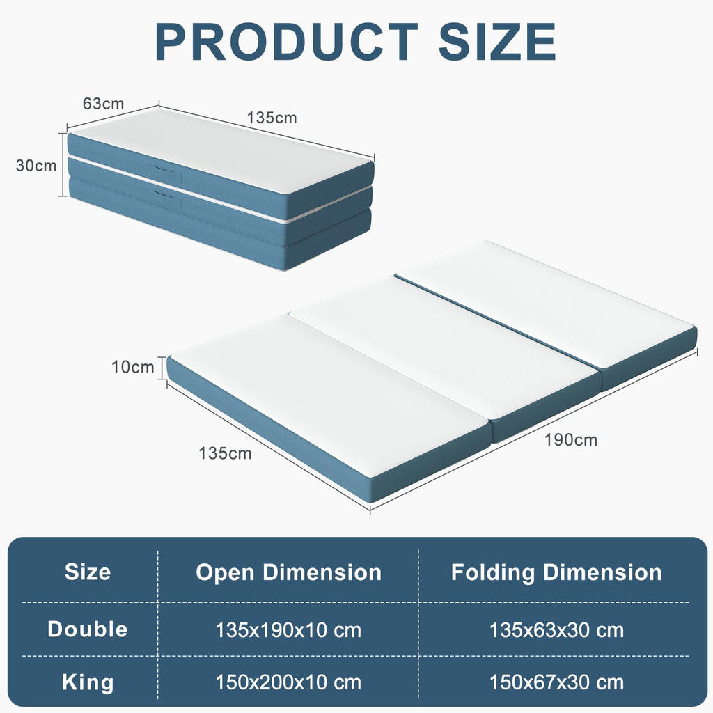 Folding Mattress Double, 4 Inch Tri-fold Floor Mattress 190x135x10cm