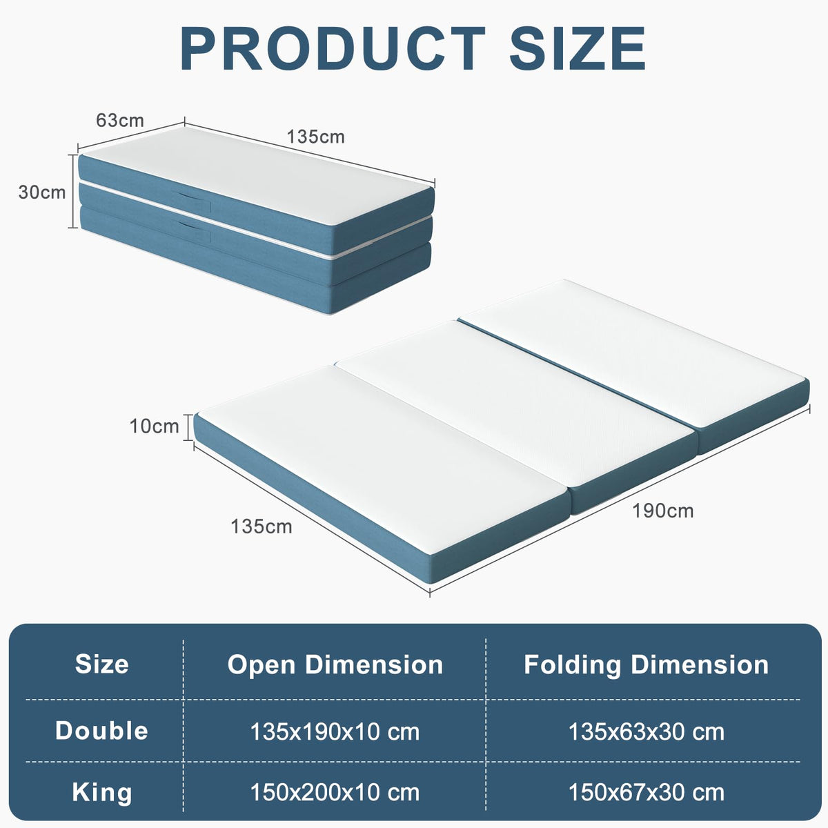 Folding Mattress Double, 4 Inch Tri-fold Floor Mattress 190x135x10cm