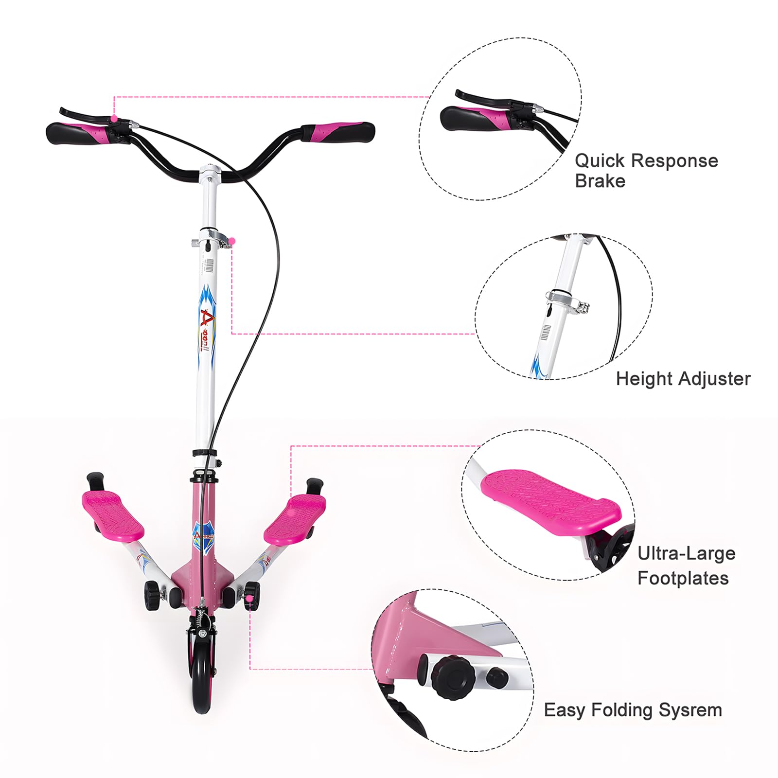 AOODIL Swing Scooter | 3-Wheel Foldable Wiggle Drifting Scooter - Pink