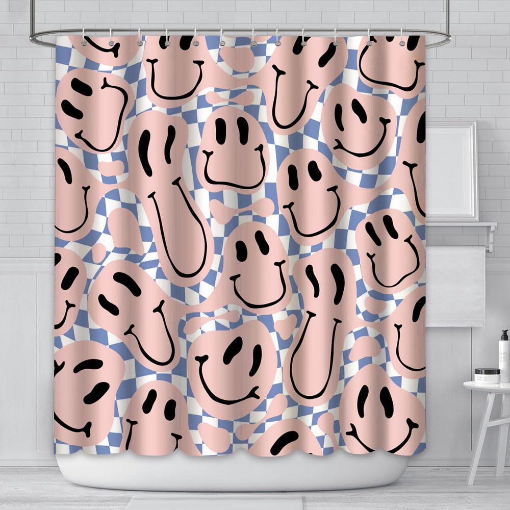 Jolof Store Retro 70s Pink Smiley Shower Curtain – 180x180cm Groovy Decor
