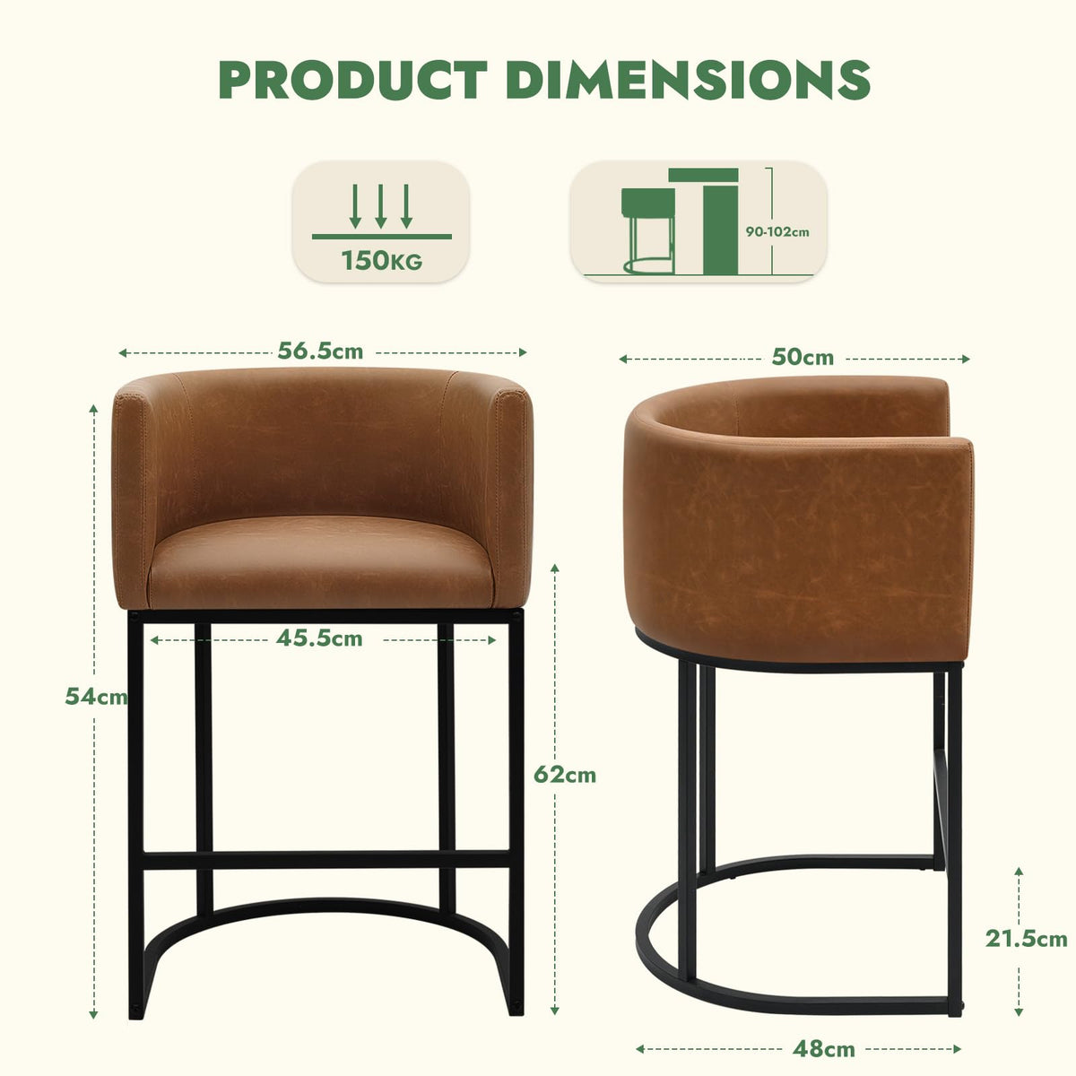 KRAMZMING Counter Height Bar Stools Set of 2, 24 Inch Faux Leather, Brown - image 2