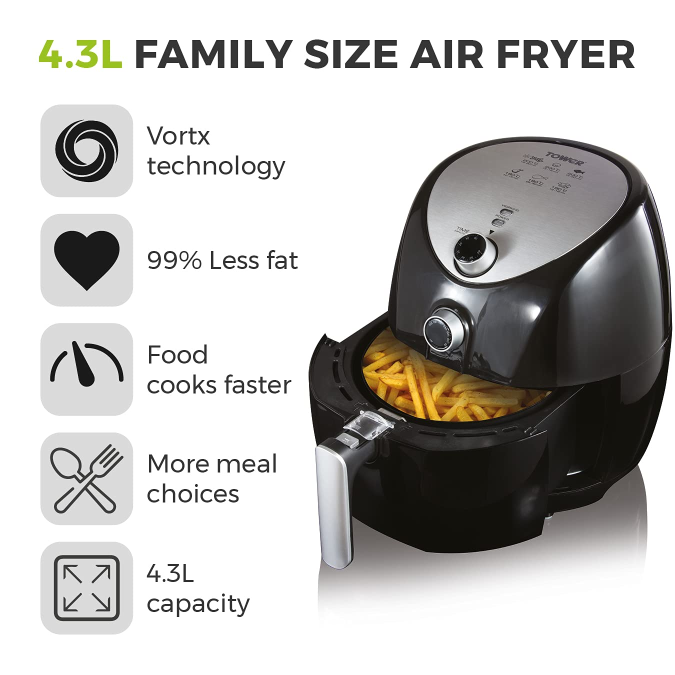 Tower T17021 Family Air Fryer | 4.3L Vortx Technology | 1500W Black