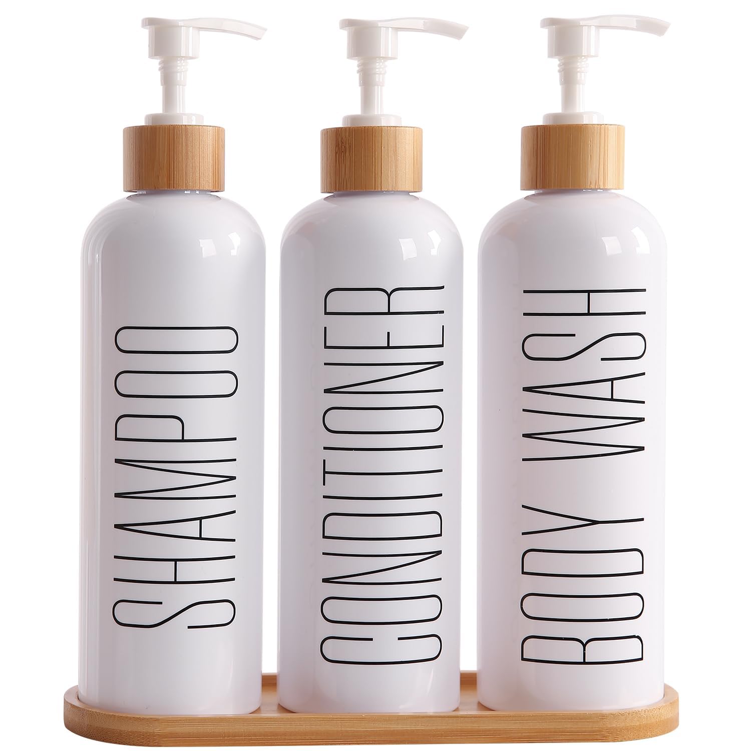 3-Pack Refillable Shampoo Bottles with Bamboo Pumps & Tray
