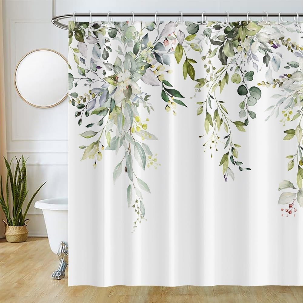 Uiiooazy Eucalyptus Shower Curtain | Sage Green Floral Waterproof Polyester