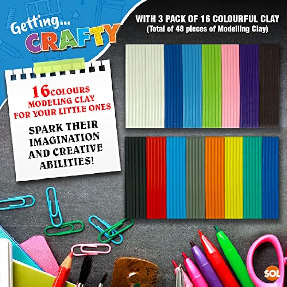 SOL Modelling Clay 3pk – 16 Assorted Colours Soft Clay Kit for Kids
