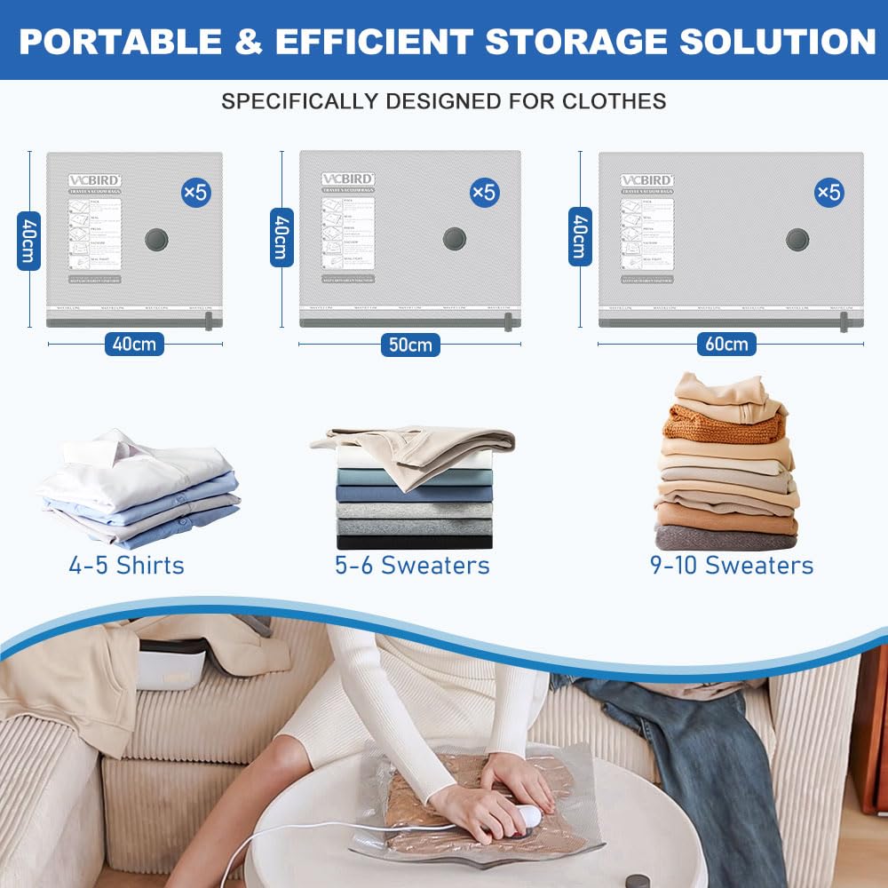 Vacbird Vacuum Storage Bags with Electric Pumps for Travel, 15 Pack - image 2
